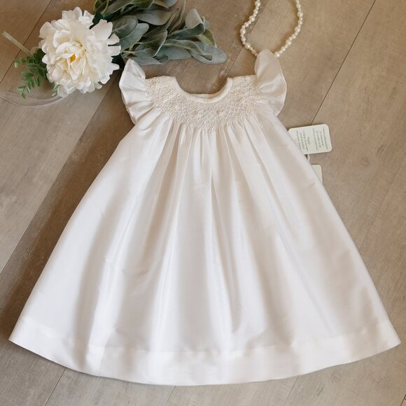 Ivory Smocked Designer Bishop Dress Baby Flower Girl Portrait Special Occasion - Picture 1 of 5
